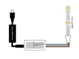 Completo controlador con botonera táctil y control remoto RF. Compatible con el Controlador HUB Wi-Fi LED, por lo que puede recibir las órdenes de forma inalámbrica y controlar la intensidad, color y modos de las diferentes luminarias RGBW (Tiras RGB + blanco)de 12/24VDC conectadas.