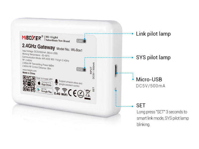 Controlador WiFi de última generación compatible con toda la gama de controladores, mandos, proyectores, downlight y bombillas WiFi de MyLight. Puedes controlar los dispositivos compatibles a través de conectividad WiFi mediante APP a través del smartphone Android o iOS y compatible con Alexa (el control por voz de Amazon). Un nuevo concepto de control para tus luminaras WiFi de Mylight. 