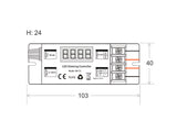 Controlador de alta potencia 25A para tiras led MONO. Dispone de rueda manual y sincronización RF. Con display digital y autosincronización, transmite los comandos recibidos al resto de controladores a su alcance (20m) aumentando significativamente la distancia de la instalación. 