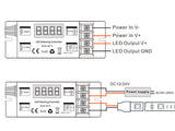 Controlador de alta potencia 25A para tiras led MONO. Dispone de rueda manual y sincronización RF. Con display digital y autosincronización, transmite los comandos recibidos al resto de controladores a su alcance (20m) aumentando significativamente la distancia de la instalación. 