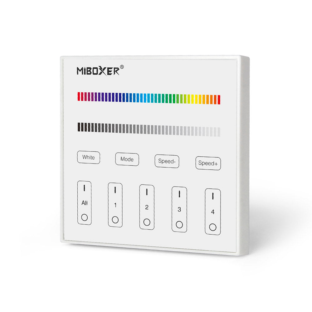 Master DMX512 y soporte RDM, RGB. Permite el control de hasta 4 zonas de forma independientes o conjunta. Con emisor de comandos RF para control con mando a distancia y WiFi APP (opcional).