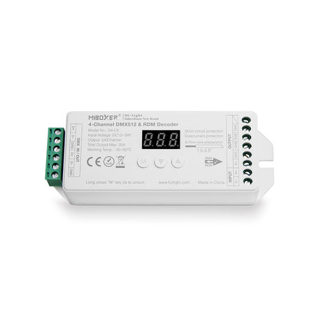 Decoder DMX512 con soporte RDM, 4Ch RGBW. Con display y selector de opciones. y múltiples sistemas de protección incorporados.