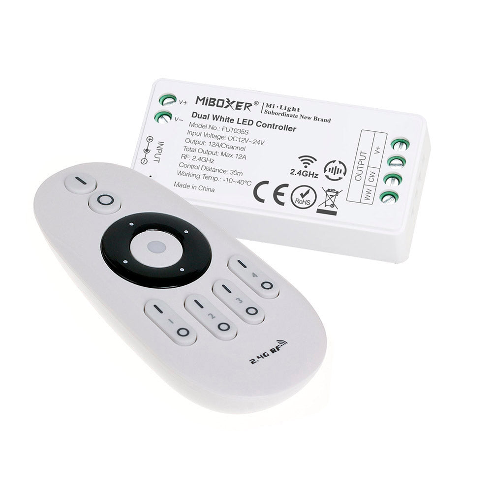 Kit que incluye controlador RF 2.4Ghz + mando a distancia para tiras de blanco dual CCT. Puede realizar el control de cuatro zonas diferentes y realizar los grupos y combinaciones que se requieran. Funciona a través de un receptor de RF que dispone de un radio de acción de 30 metros.