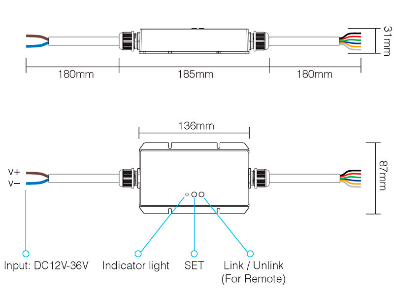 Control profesional con protección IP67 para cualquier tipo de tira led RGB+CCT, RGBW, RGB, CCT DUAL y MONO. En combinación del mando a distancia LD1051363 permite controlar hasta 8 zonas diferentes. Con autosincronización, transmite los comandos recibidos al resto de controladores a su alcance (30m) aumentando significativamente la distancia de la instalación. 