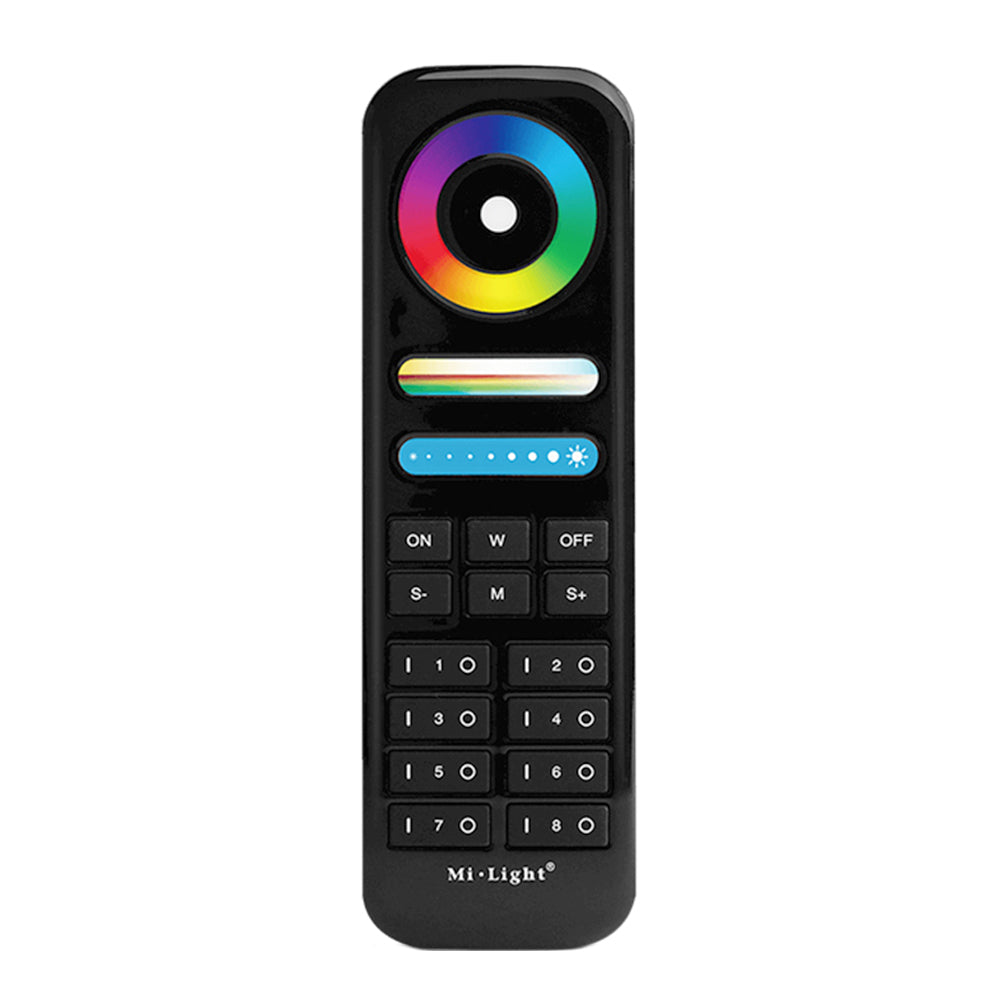 Mando a distancia RF 2.4Ghz. En combinación con un controlador compatible permite el control de cualquier tipo de tira led RGBW, RGB, CCT DUAL y MONO. Permite controlar hasta 8 zonas diferentes. Con teclado táctil.