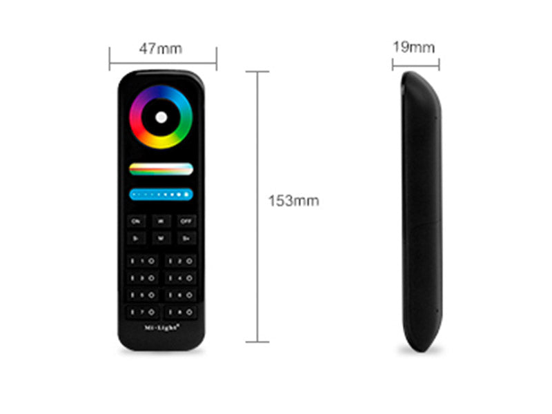 Mando a distancia RF 2.4Ghz. En combinación con un controlador compatible permite el control de cualquier tipo de tira led RGBW, RGB, CCT DUAL y MONO. Permite controlar hasta 8 zonas diferentes. Con teclado táctil.