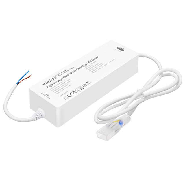 Controlador para tiras led CCT (blanco dual) de 220V. Permite su control con mando a distancia compatible, APP (Android o IOs) o por voz con Alexa mediante controlador compatible. Transmite los comandos recibidos al resto de controladores a su alcance (30m) aumentando significativamente la distancia de la instalación. 