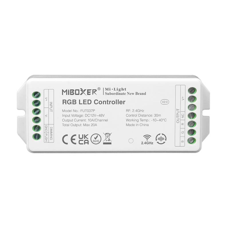 Con tecnología inalámbrica de 2.4GHz de bajo consumo, transmisión de señal de 30m y anti-interferencias. Con transmisión y sincronización automática. Soporte de dimmer con puslador. Con salida DC12-48V, 20A.