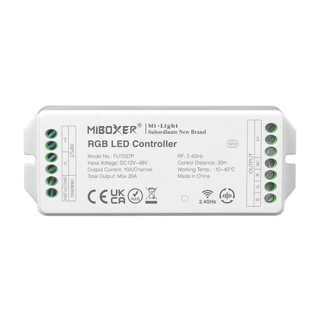 Con tecnología inalámbrica de 2.4GHz de bajo consumo, transmisión de señal de 30m y anti-interferencias. Con transmisión y sincronización automática. Soporte de dimmer con puslador. Con salida DC12-48V, 20A.