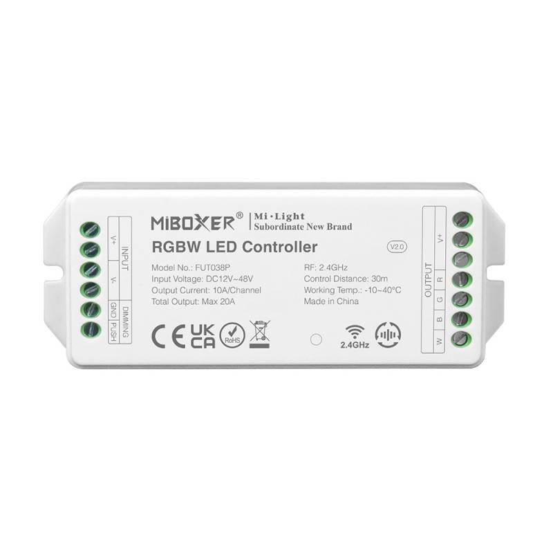 Con tecnología inalámbrica de 2.4GHz de bajo consumo, transmisión de señal de 30m y anti-interferencias. Con transmisión y sincronización automática. Soporte de dimmer con puslador. Con salida DC12-48V, 20A.