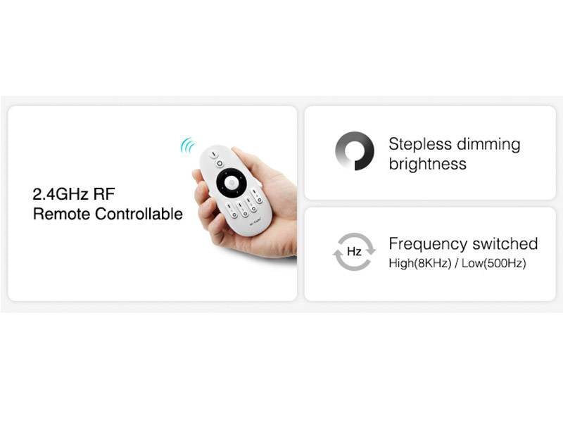Control profesional con protección IP66 para tiras LED blanco dual CCT. Dimmer RF 2.4G para variar la intensidad y temperatura de color de la luz que emiten las tiras LED por control remoto. 