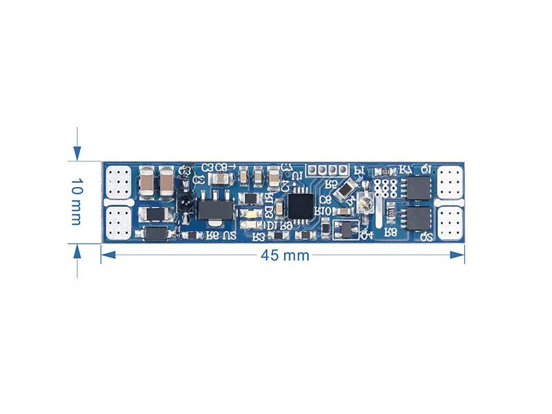 Sensor IR de reducido tamaño (45x10mm) para instalar en un perfil que se conecta directamente a la tira led monocolor y permite apagar/encender la tira led y regular la intensidad al pasar la mano a una distancia de 4-10cm. Queda totalmente oculto debajo del difusor del perfil.