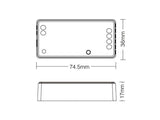 Controlador 2 en 1, para tiras monocolor y CCT o blanco dual. Dimmer RF 2.4Ghz para variar la intensidad de la luz que emiten las tiras LED y programar distintos efectos. Puede controlar 4 zonas distintas. Compatible con un amplio catálogo de mandos a distancia.