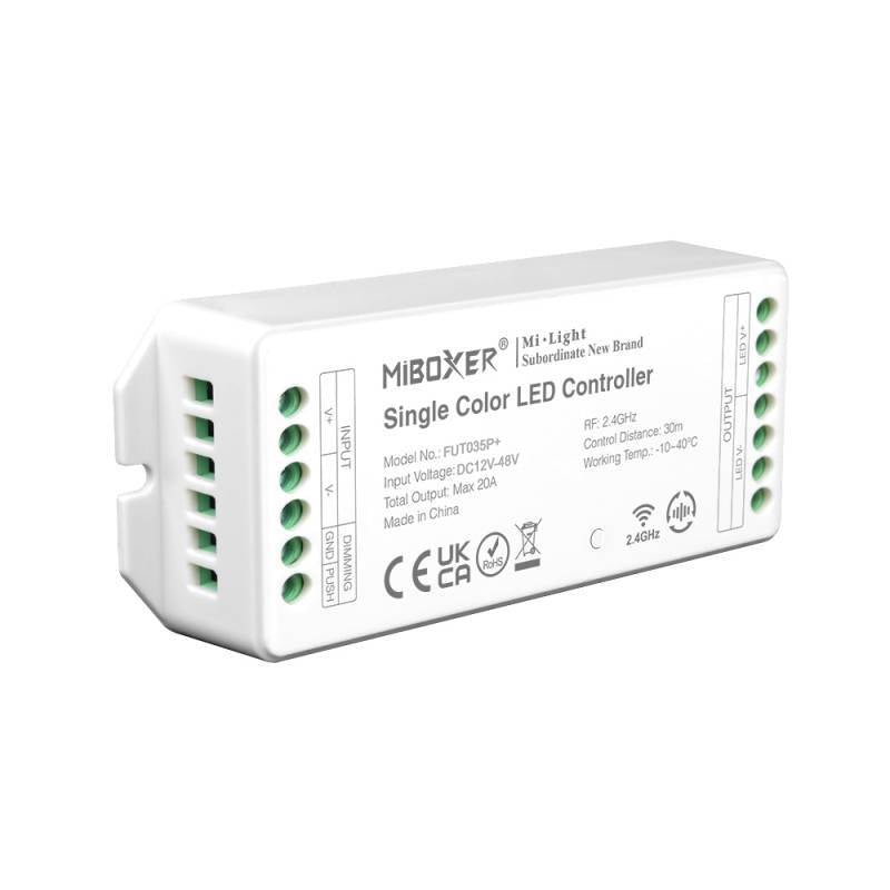 Controlador 2 en 1, para tiras monocolor y CCT o blanco dual. Con tecnología inalámbrica de 2.4GHz de bajo consumo, transmisión de señal de 30m y anti-interferencias. Con transmisión y sincronización automática. Soporte de dimmer con pulsador. Con salida DC12-48V, 20A. Puede controlar 4 zonas distintas. Compatible con un amplio catálogo de mandos a distancia.