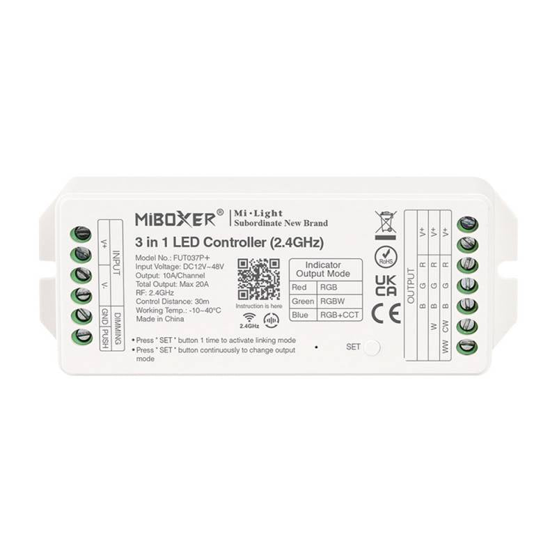 Controlador 3 en 1, controla tiras RGB / RGBW o RGB+CCT con el mismo controlador. Hasta 4 zonas diferentes de tiras led con una potencia de 20A (10A por canal). Con auto-transmisión entre los demás controladores con lo que se consiguen distancias sin límites y compatible con una amplia gama de mandos a distancia RF de mano, pared, APP, Wifi, Amazon Alexa y Google Assistant. Compatible con transmisor DMX. Con salida DC12-48V, 20A.