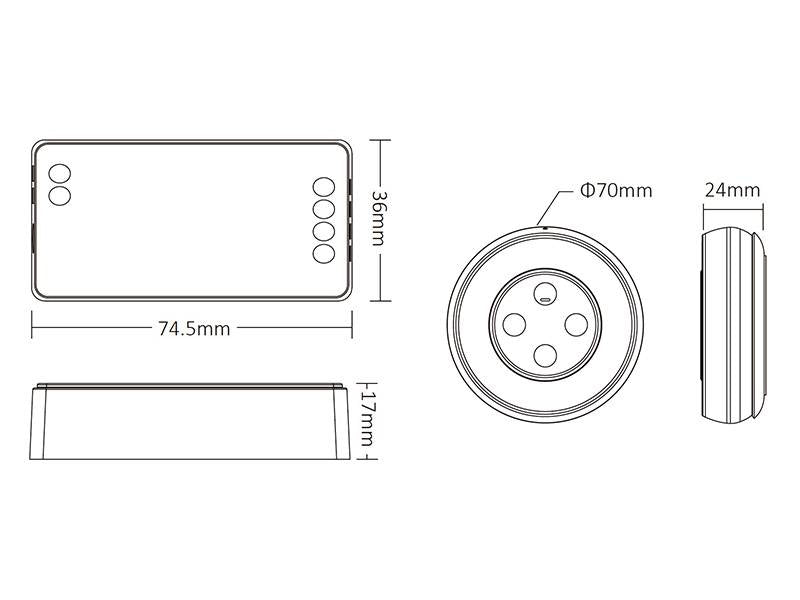 Kit de controlador RGB+CCT + Mando de superficie con control táctil de gran calidad y cuidado diseño. Incorpora base magnética para instalar en cualquier superficie y facilitar la portabilidad. Ideal para el control de la intensidad de las tiras Led RGB+CCT. Se puede encender/apagar, ajustar la intensidad y seleccionas el color de luz. Se alimenta con 2 pilas tipo AAA.