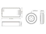 Kit de controlador RGB+CCT + Mando de superficie con control táctil de gran calidad y cuidado diseño. Incorpora base magnética para instalar en cualquier superficie y facilitar la portabilidad. Ideal para el control de la intensidad de las tiras Led RGB+CCT. Se puede encender/apagar, ajustar la intensidad y seleccionas el color de luz. Se alimenta con 2 pilas tipo AAA.