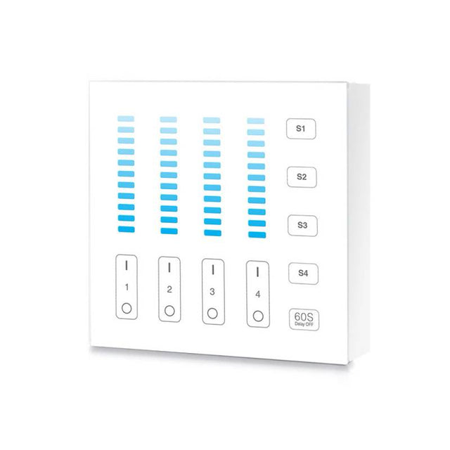 Control remoto de pared con pantalla de cristal táctil de gran precisión para un control profesional de tiras led monocolor. Permite el control de 4 zonas y 4 escenas. Se alimenta con 2 pilas tipo AAA y es posible ponerlo en cualquier superficie sin necesidad de empotrarlo con un novedoso sistema magnético de sujeción.