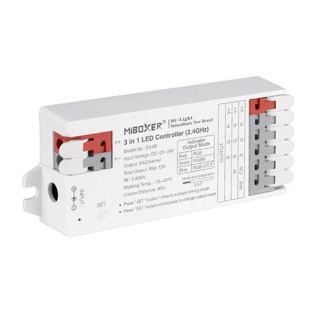 Controlador 3 en 1 con conectores rápidos, controla tiras RGB / RGBW o RGB+CCT con el mismo controlador. Hasta 4 zonas diferentes de tiras led con una potencia de 12A (6A por canal). Con auto-transmisión entre los demás controladores con lo que se consiguen distancias sin límites y compatible con una amplia gama de mandos a distancia RF de mano, pared, APP, Wifi, Amazon Alexa y Google Assistant. Compatible con transmisor DMX.