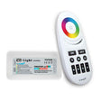 Completo controlador con botonera y control remoto RF. Permite controlar el color y la intensidad de los distintos canales de forma independiente de las diferentes luminarias RGBW (Tiras led RGB y/o RGBW) de 12/24VDC y 6A por canal conectadas. 