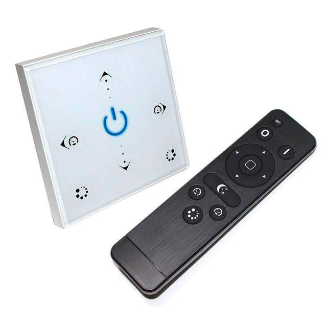 Controlador empotrable de panel táctil de gran calidad y cuidado diseño. Ideal para el control de la intensidad y cambio de color de las tiras RGB. Se puede encender/apagar, ajustar el brillo, seleccionar color, diferentes efectos de iluminación... a través del panel táctil y del mando a distancia RF.