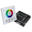 Controlador empotrable de panel táctil de gran calidad y cuidado diseño. Ideal para el control de la intensidad y cambio de color de las tiras RGB. Se puede encender/apagar, ajustar el brillo, seleccionar color, diferentes efectos de iluminación... a través del panel táctil y del mando a distancia RF.