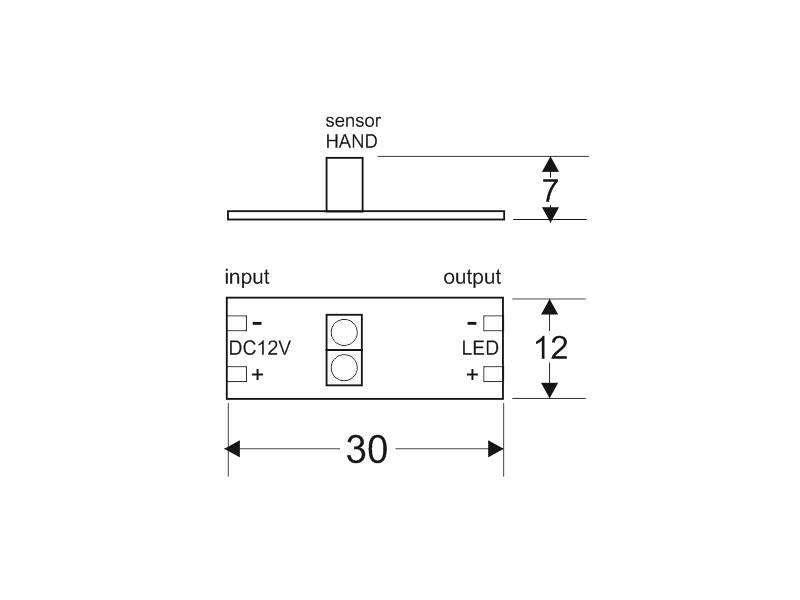 Sensor IR de reducido tamaño (30X12mm) para instalar directamente a la tira led monocolor y permite encender/apagar cuando detecta movimiento (5-10cm). También permite regular la intensidad lumínica.