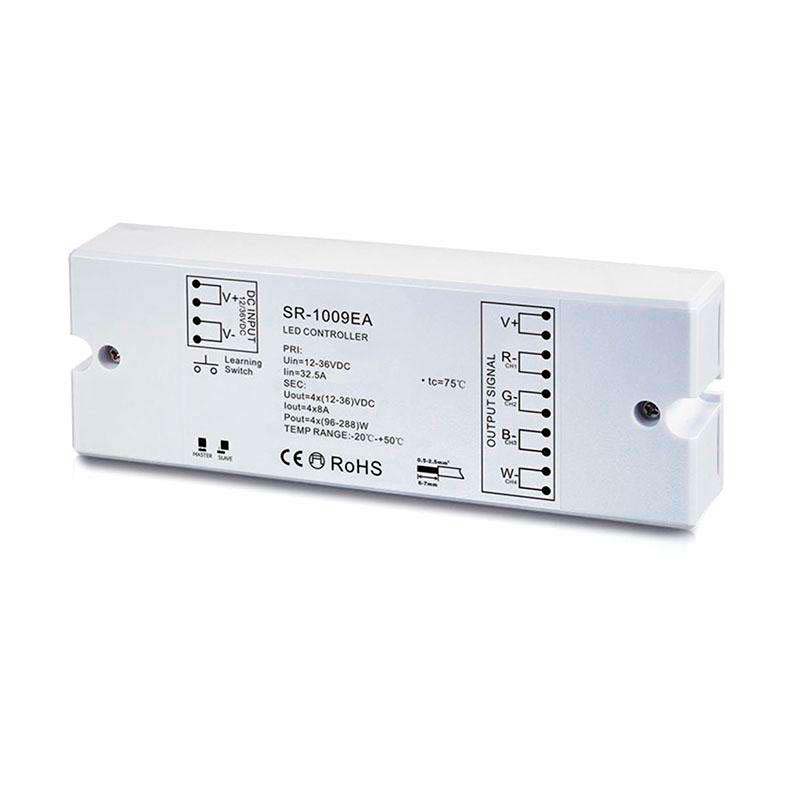 Controlador profesional que trabaja como receptor de diferentes emisores RF y transmisores WiFi. Control de 5 canales: RGBW, RGB, CCT DUAL, MONO.