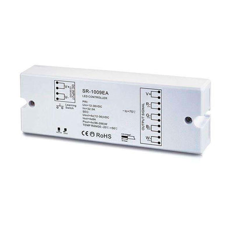 Controlador profesional que trabaja como receptor de diferentes emisores RF y transmisores WiFi. Control de 5 canales: RGBW, RGB, CCT DUAL, MONO.
