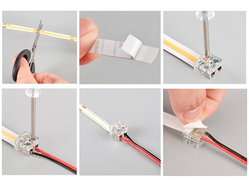 Conector con tornillos para unir tramos de tiras led SMD / COB no estancas IP20. IP44 o IP65 con PCB (ancho) de 10mm. Una forma fácil y sencilla de conexión de las tiras led.