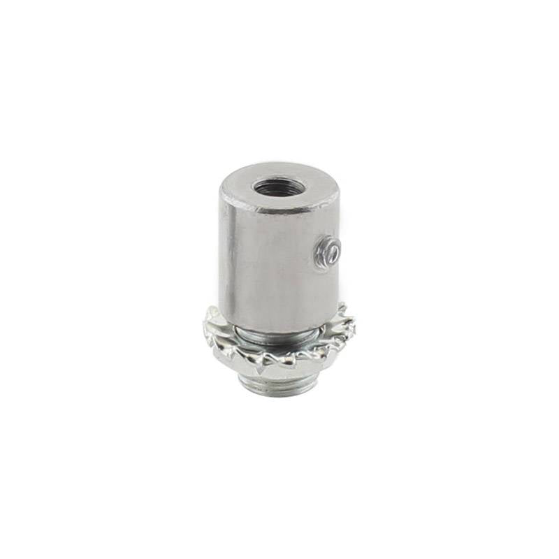 Pieza para aprisionar el cable de acero o el cable redondo de 2 hilos para colgar luminarias led. Ideal para descolgar perfiles led. Con diamétro de tuerca exterior de Ø 10mm y diámetro  interior para el paso de cable de Ø 5mm
