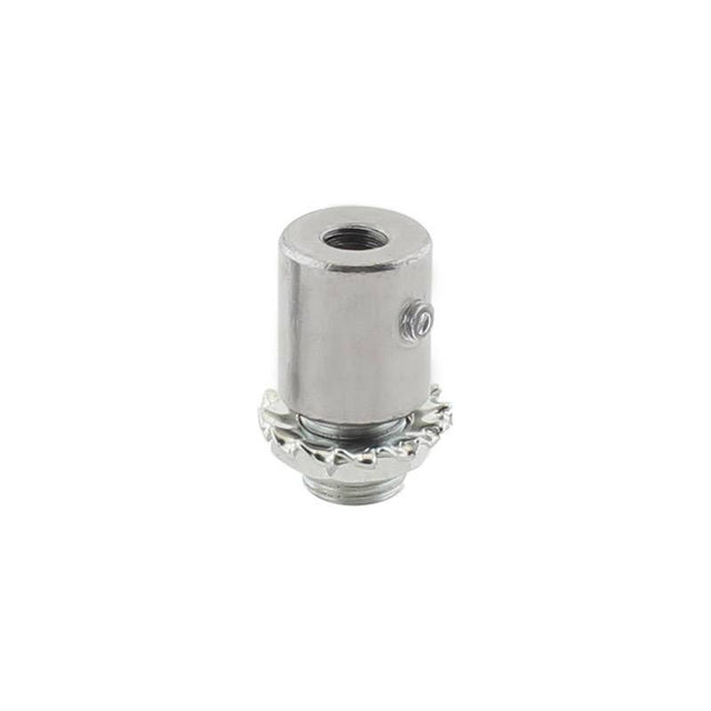 Pieza para aprisionar el cable de acero o el cable redondo de 2 hilos para colgar luminarias led. Ideal para descolgar perfiles led. Con diamétro de tuerca exterior de Ø 10mm y diámetro  interior para el paso de cable de Ø 5mm