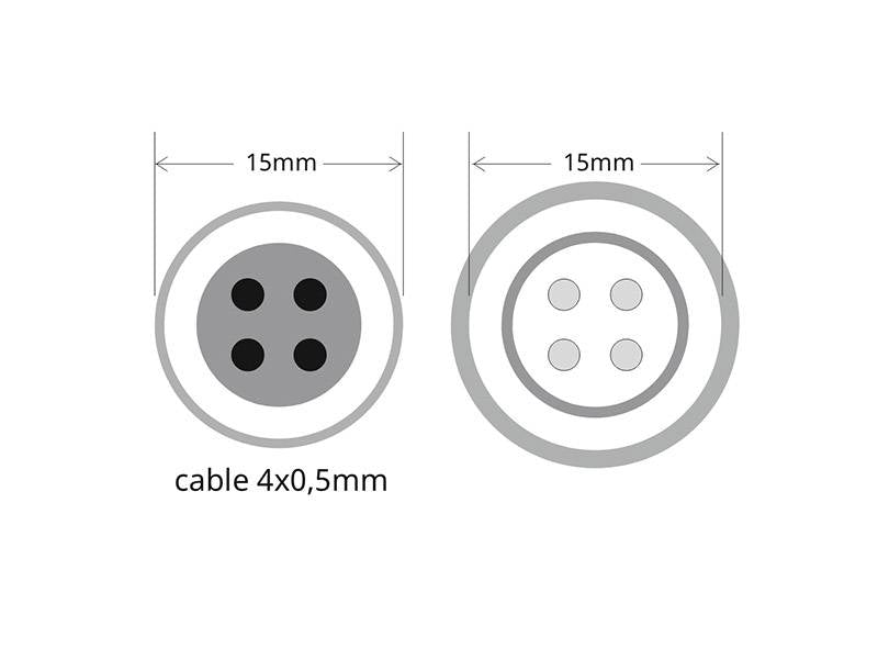 Set de 2 cables de conexión de 4 hilos 4x0,5mm (cable hembra + cable macho), con 20cm de longitud cada uno, IP67, color negro