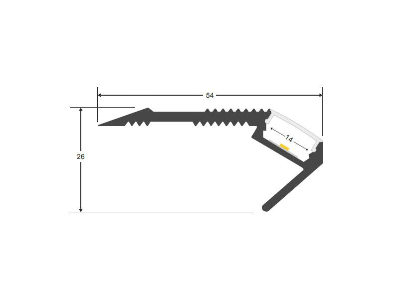 Kit que incluye perfil de aluminio, cubierta opal y tapas laterales. Indicado para instalación en los peldaños de las escaleras para señalizar los pasos.