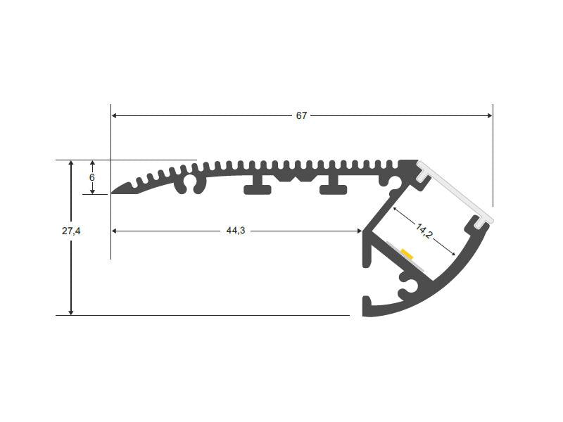 Kit que incluye perfil de aluminio anodizado, cubierta opal y tapas laterales. Indicado para instalación en los peldaños de las escaleras para señalizar los pasos, como en cines, teatros, etc.