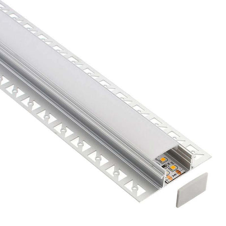 Perfil fabricado en aluminio de alta calidad ideal para iluminación de cualquier ambiente (baños, cocinas, pasillos, salones, etc) Se instala en obra entre el pladur, yeso, azulejos, etc. Dispone de aletas troqueladas que facilita la inserción del cemento u otro material para asegurar así un agarre perfecto a la pared.