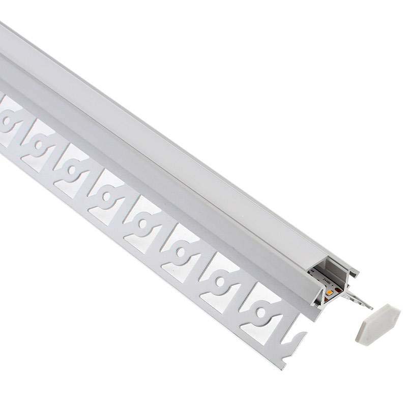 Perfil fabricado en aluminio de alta calidad ideal para iluminación de cualquier ambiente (baños, cocinas, pasillos, salones, etc) Se instala en obra entre el pladur, yeso, azulejos, etc. Dispone de aletas troqueladas que facilita la inserción del cemento u otro material para asegurar así un agarre perfecto a la pared.