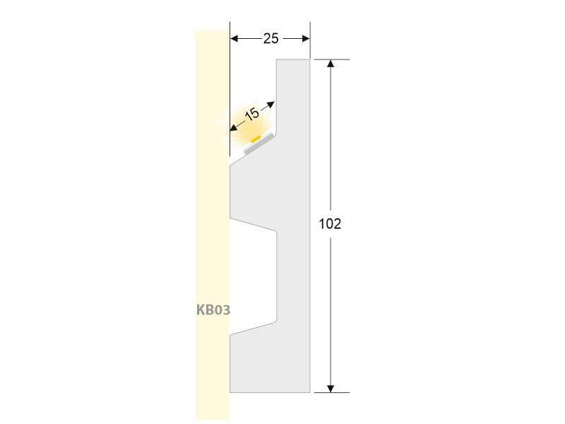 Moldura fabricada en poliestireno extruido diseñada para instalación de iluminación lineal led. La combinación entre los perfiles de aluminio, molduras de poliestireno y tiras led, ofrecen un acabado distinguido a tus proyectos más exigentes.