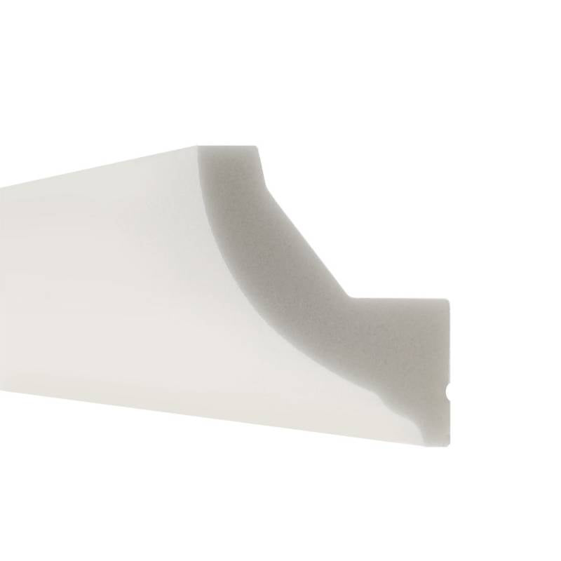 Moldura fabricada en poliestireno extruido diseñada para instalación de iluminación lineal led. La combinación entre los perfiles de aluminio, molduras de poliestireno y tiras led, ofrecen un acabado distinguido a tus proyectos más exigentes.