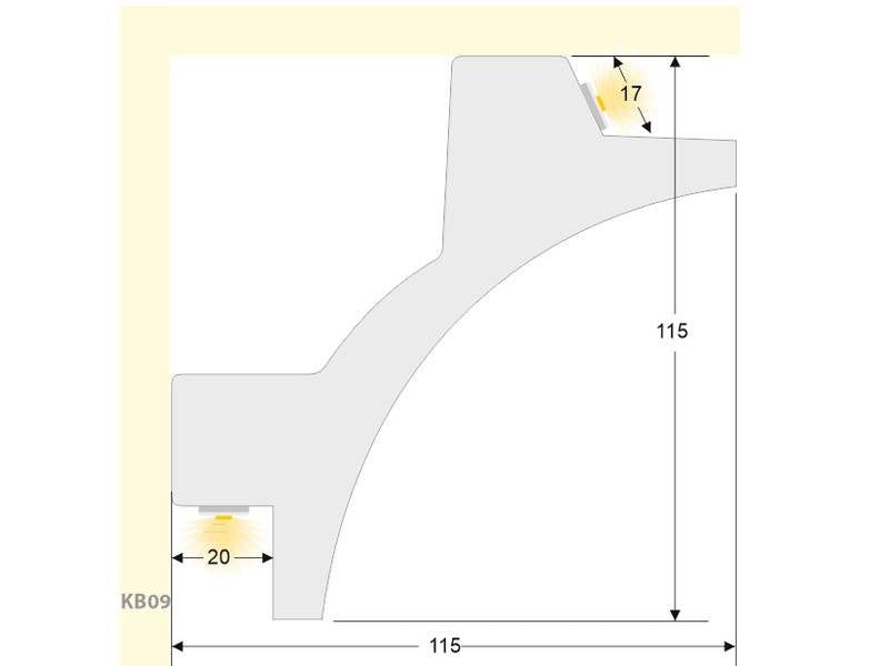Moldura fabricada en poliestireno extruido diseñada para instalación de iluminación lineal led. La combinación entre los perfiles de aluminio, molduras de poliestireno y tiras led, ofrecen un acabado distinguido a tus proyectos más exigentes.