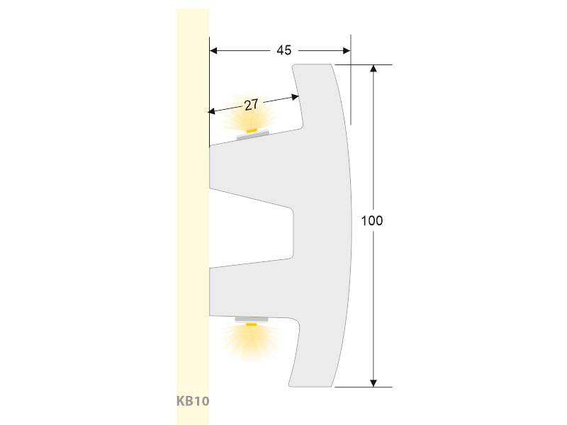 Moldura fabricada en poliestireno extruido diseñada para instalación de iluminación lineal led. La combinación entre los perfiles de aluminio, molduras de poliestireno y tiras led, ofrecen un acabado distinguido a tus proyectos más exigentes.