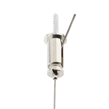 Conector para atornillar al techo y sujetar el cable de suspensión de las lámparas suspendidas. Incorpora un sistema de presa que sujeta el cable y lo puede regular con facilidad a la altura deseada.