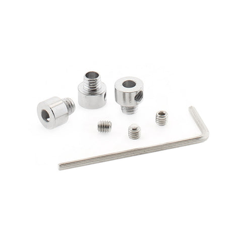 Kit que incluye 3 prisioneros metálicos en forma de cilindro fabricados en acero cromado para perfiles redondos CYCLE para el paso de cables + 3 tornillos allen para aprisionar el cable + 1 llave allen. 
