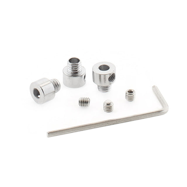 Kit que incluye 3 prisioneros metálicos en forma de cilindro fabricados en acero cromado para perfiles redondos CYCLE para el paso de cables + 3 tornillos allen para aprisionar el cable + 1 llave allen. 