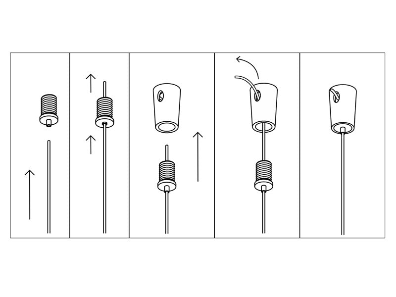 3x Conectores para atornillar al techo y sujetar el cable de suspensión (hasta 3mm de grosor) de las lámparas suspendidas. Incorpora un sistema de presa que sujeta el cable y lo puede regular con facilidad a la altura deseada. 