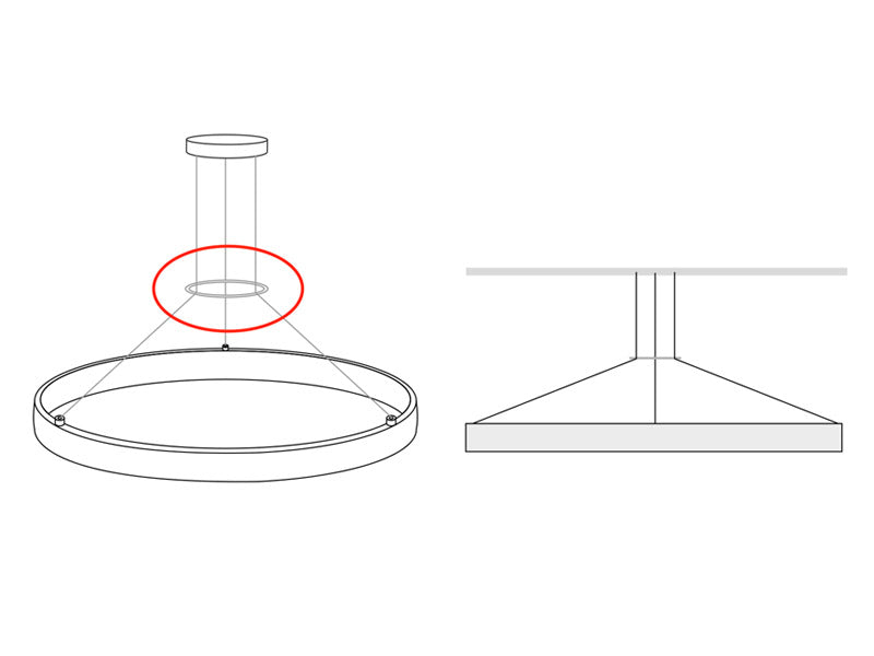 Aro fabricado en metacrilato para subir rectos los cables de suspensión y/o elecrificado para luminarias suspendidas circulares.