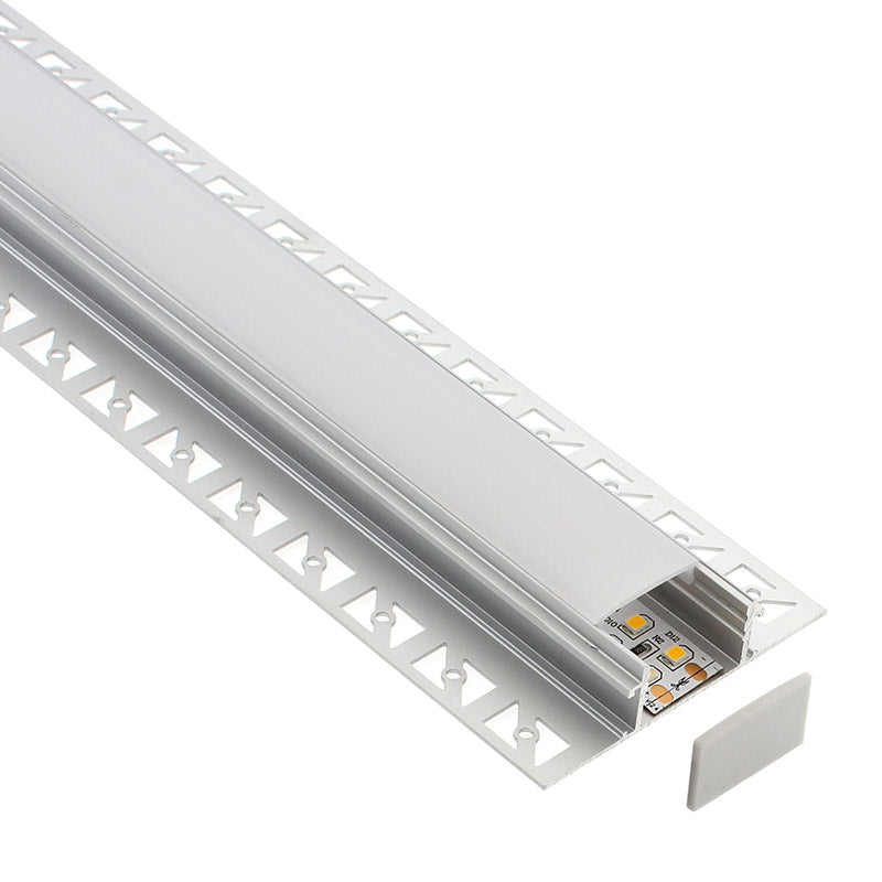 Perfil fabricado en aluminio de alta calidad ideal para iluminación de cualquier ambiente (baños, cocinas, pasillos, salones, etc) Se instala en obra entre el pladur, yeso, azulejos, etc. Dispone de aletas troqueladas que facilita la inserción del cemento u otro material para asegurar así un agarre perfecto a la pared.