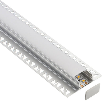 Perfil fabricado en aluminio de alta calidad ideal para iluminación de cualquier ambiente (baños, cocinas, pasillos, salones, etc) Se instala en obra entre el pladur, yeso, azulejos, etc. Dispone de aletas troqueladas que facilita la inserción del cemento u otro material para asegurar así un agarre perfecto a la pared.