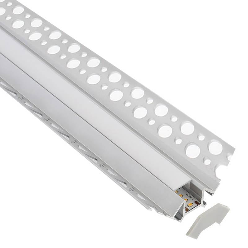 Perfil fabricado en aluminio de alta calidad ideal para iluminación de cualquier ambiente (baños, cocinas, pasillos, salones, etc) Se instala en obra entre el pladur, yeso, azulejos, etc. Dispone de aletas troqueladas que facilita la inserción del cemento u otro material para asegurar así un agarre perfecto a la pared.