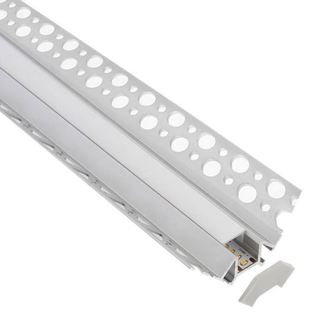 Perfil fabricado en aluminio de alta calidad ideal para iluminación de cualquier ambiente (baños, cocinas, pasillos, salones, etc) Se instala en obra entre el pladur, yeso, azulejos, etc. Dispone de aletas troqueladas que facilita la inserción del cemento u otro material para asegurar así un agarre perfecto a la pared.